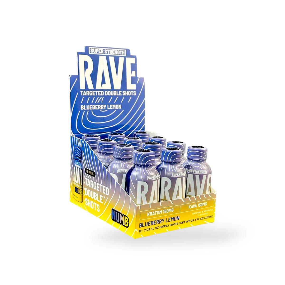 Rave Kratom Numb Blueberry Lemonade 150mg Kava Kratom Extract Shot 2oz Box 43984